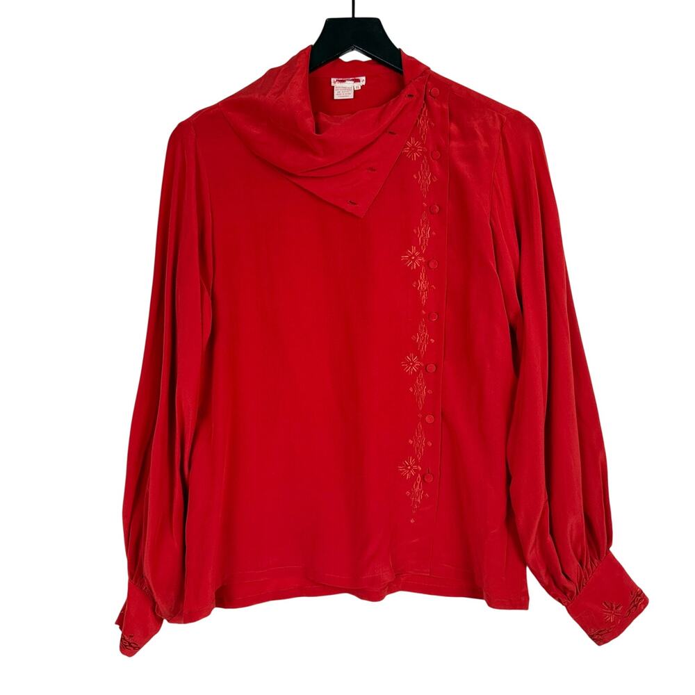 Vtg 80s Highland Meadows 100% Silk Wrap Cowl Neck Puff Sleeve Blouse Red - 6